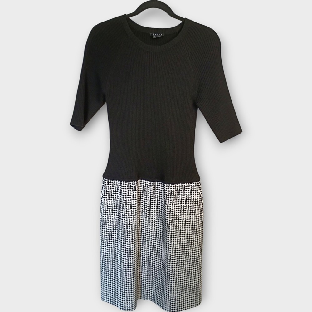 Theory Black Knit Houndstooth Dress Sz M Womens Career Professional Preppy - Picture 2 of 12